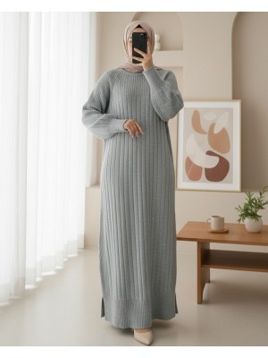 Fitilli Yırtmaçlı Uzun Triko Elbise -Gri