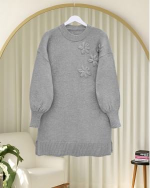 Flower Patterned Stoned Soft Knit Sweater   -Grey