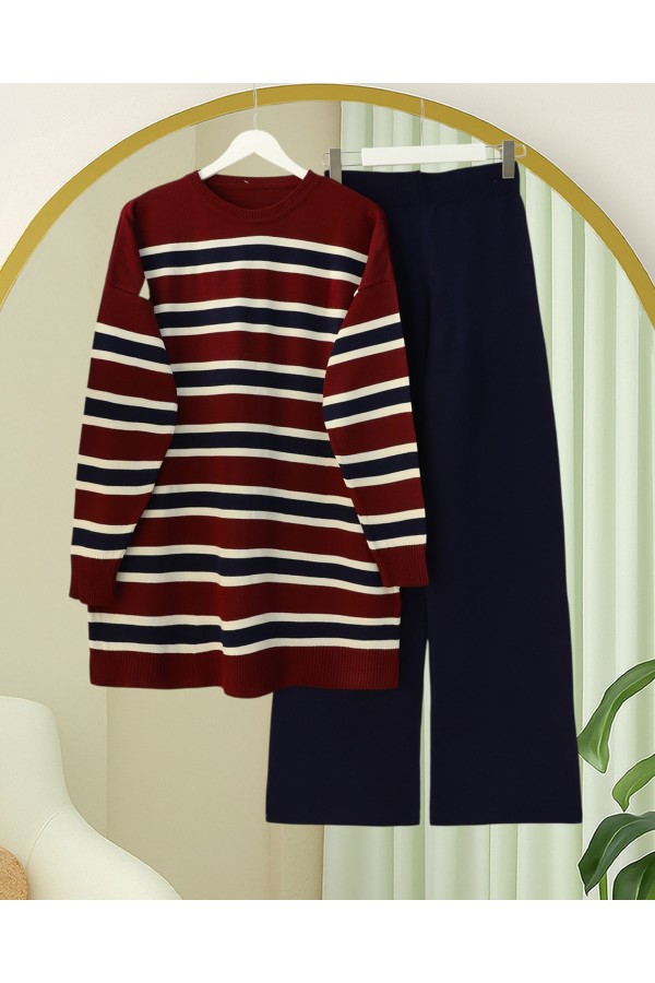 Round Neck Colorful Striped Casual Knitwear Suit -Maroon
