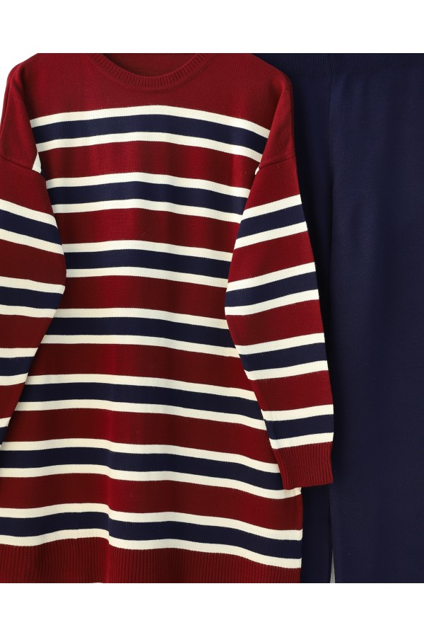 Round Neck Colorful Striped Casual Knitwear Suit -Maroon