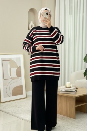 Yuvarlak Yaka Renkli Çizgili Salaş Triko Takım -Siyah