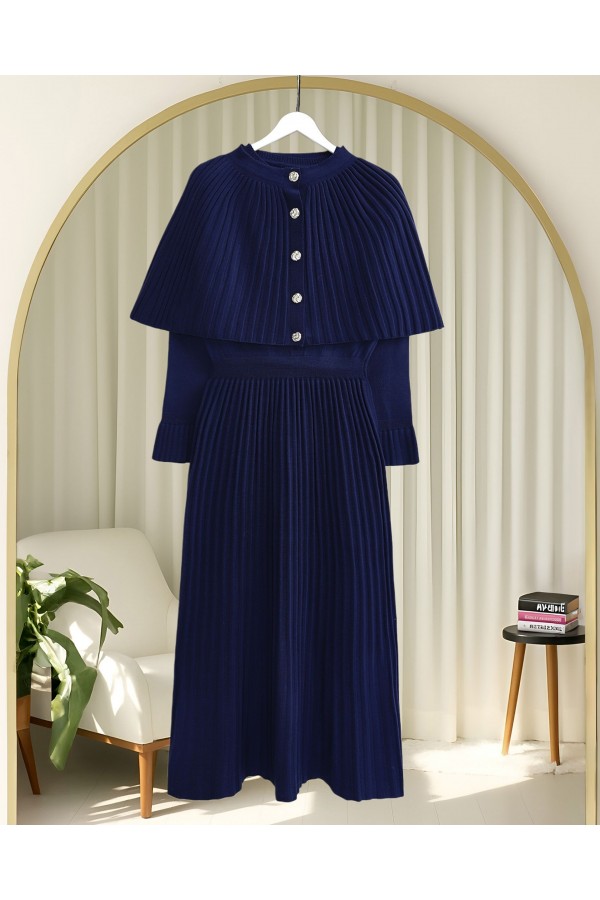 Long Knit Dress with Ribbed Skirt and Elastic Waistband and Cape Detail -Navy blue