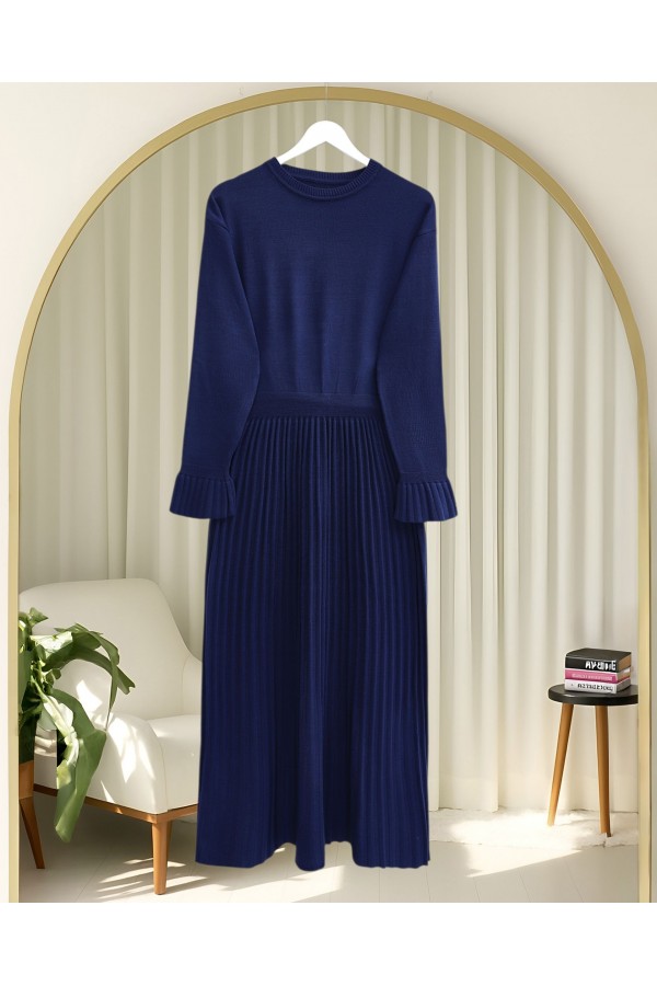 Long Knit Dress with Ribbed Skirt and Elastic Waistband and Cape Detail -Navy blue