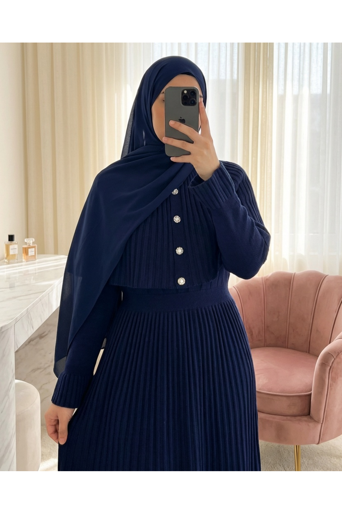 Long Knit Dress with Ribbed Skirt and Elastic Waistband and Cape Detail -Navy blue