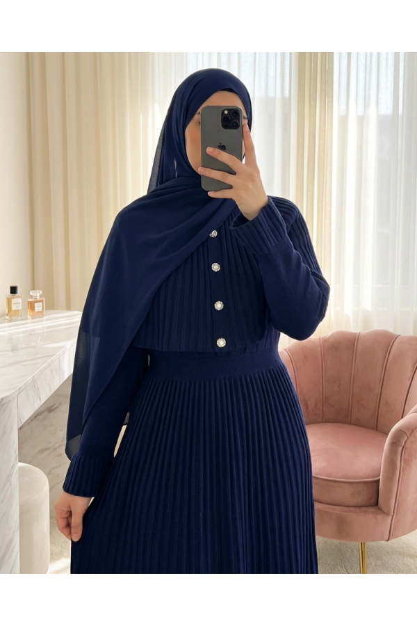 Long Knit Dress with Ribbed Skirt and Elastic Waistband and Cape Detail -Navy blue