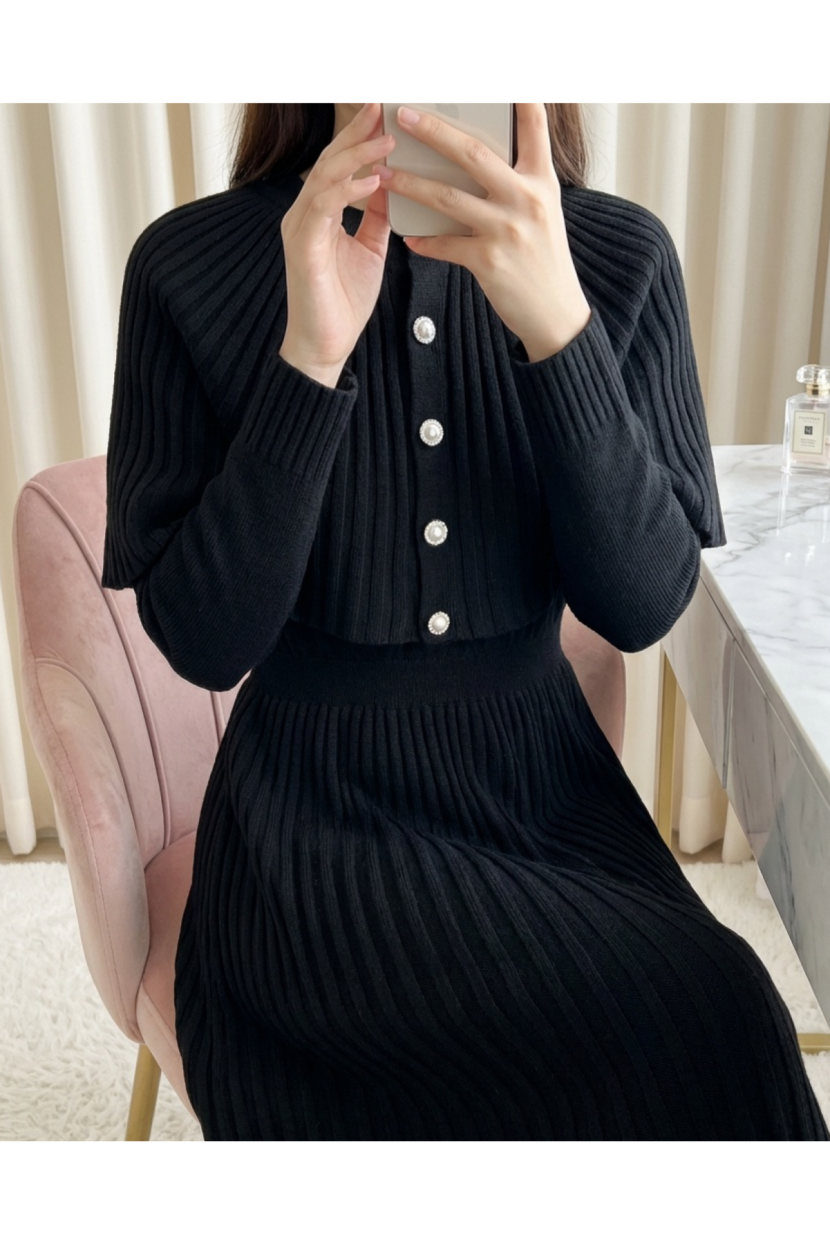Long Knit Dress with Ribbed Skirt and Elastic Waistband and Cape Detail -Black