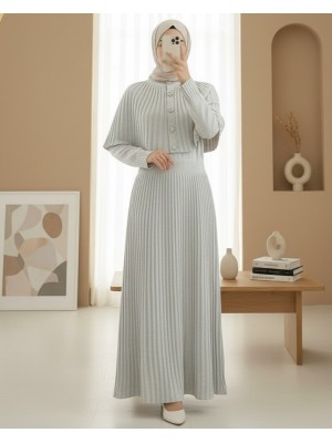 Eteği Fitilli Beli Lastikli Pelerin Detaylı Uzun Triko Elbise -Taş