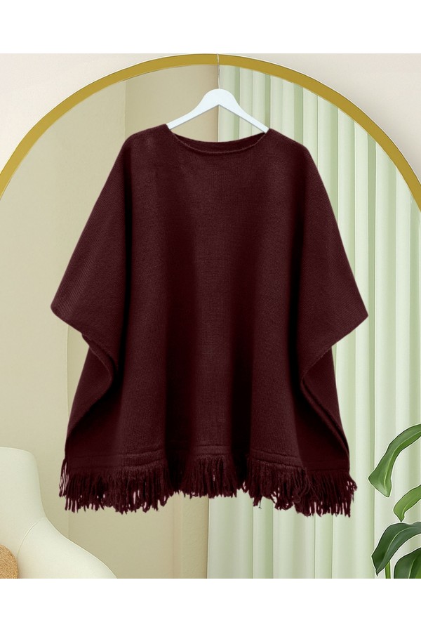 Knit Poncho with Tassel Detail on the Skirt -Maroon