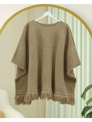 Eteği Püskül Detaylı Triko Panço  -Vizon