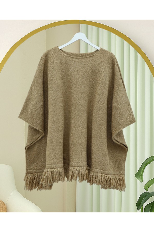 Knit Poncho with Tassel Detail on the Skirt -Mink color
