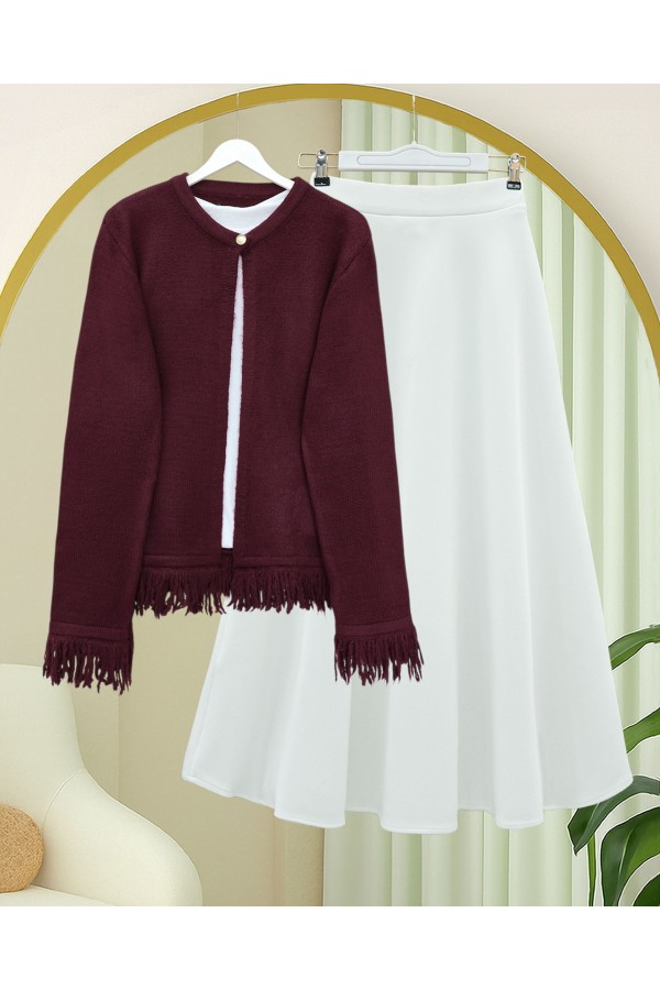 Single Button Fringed Soft Knit Cardigan -Maroon