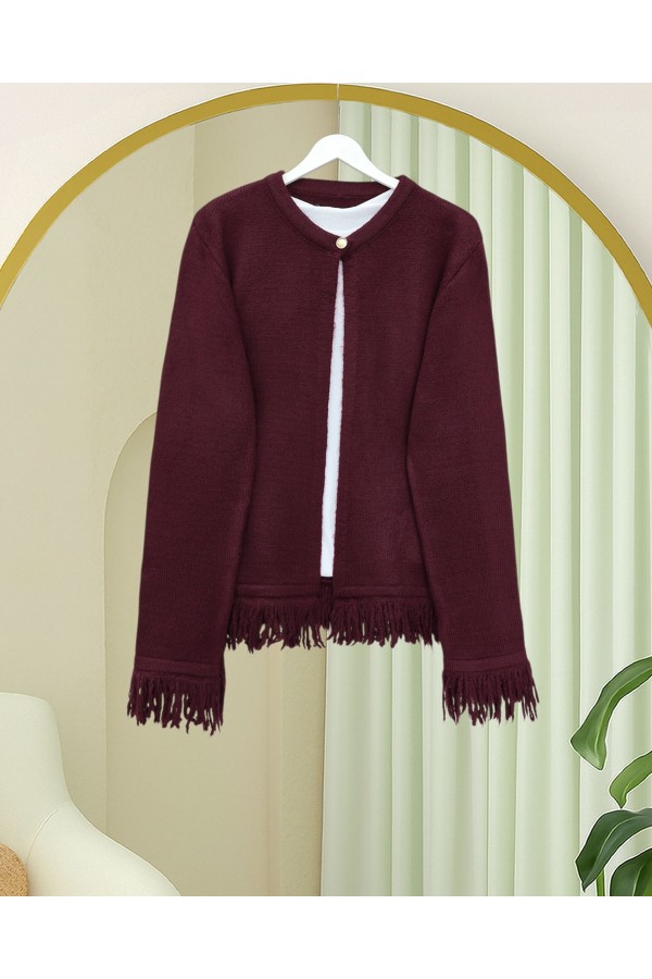 Single Button Fringed Soft Knit Cardigan -Maroon