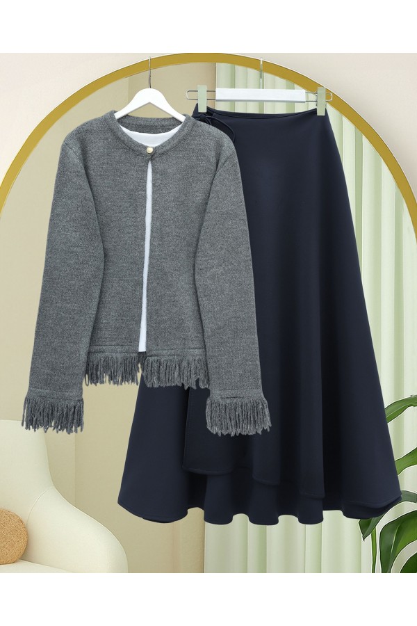 Single Button Fringed Soft Knit Cardigan -Smoked 