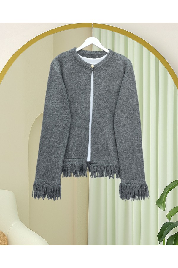 Single Button Fringed Soft Knit Cardigan -Smoked 