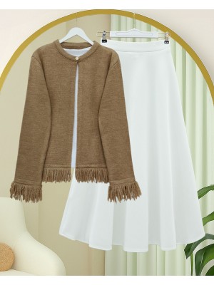 Tek Düğmeli Saçaklı Yumoş Triko Hırka  -Vizon