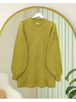 Taş Detaylı Kare Desenli Triko Tunik  -Yağ Yeşili