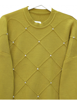 Taş Detaylı Kare Desenli Triko Tunik  -Yağ Yeşili