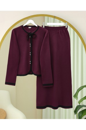 Knitwear Suit with Lace Detail and Striped Buttoned Skirt -Maroon