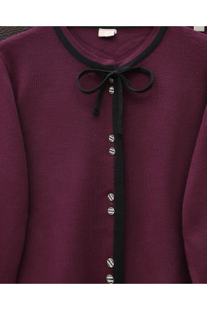 Knitwear Suit with Lace Detail and Striped Buttoned Skirt -Maroon