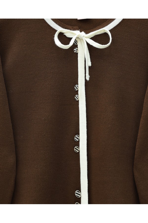 Knitwear Suit with Lace Detail and Striped Buttoned Skirt -Brown