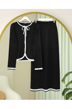 Bağcık Detaylı Şeritli Düğmeli Etekli Triko Takım -Siyah