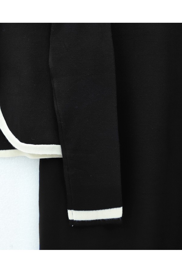 Knitwear Suit with Lace Detail and Striped Buttoned Skirt -Black