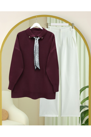 Polo Yaka Fularlı Yırtmaçlı Salaş Triko Tunik  -Bordo