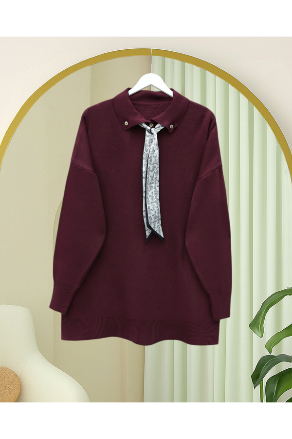 Polo Yaka Fularlı Yırtmaçlı Salaş Triko Tunik  -Bordo