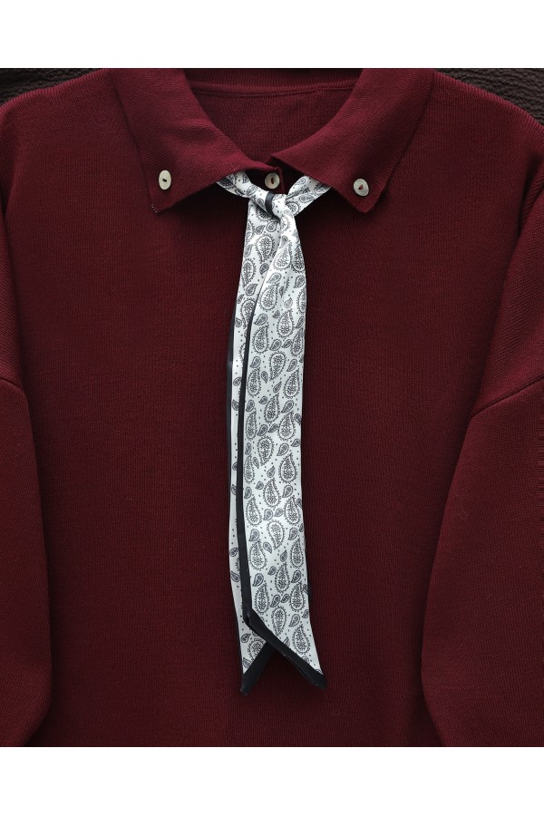Polo Yaka Fularlı Yırtmaçlı Salaş Triko Tunik  -Bordo