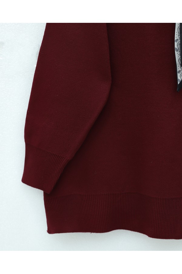 Polo Yaka Fularlı Yırtmaçlı Salaş Triko Tunik  -Bordo