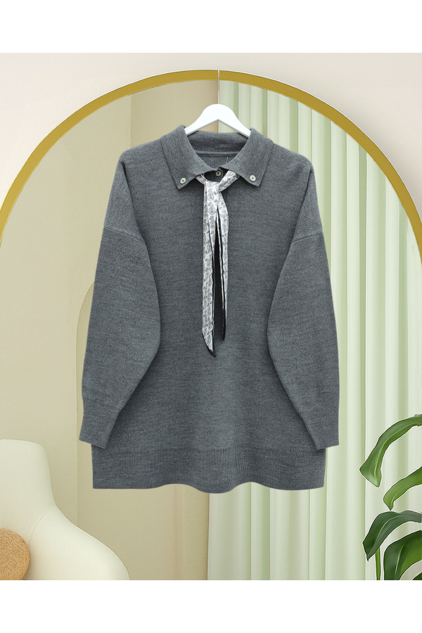 Polo Neck Scarf and Slit Loose Knit Tunic -Smoked 