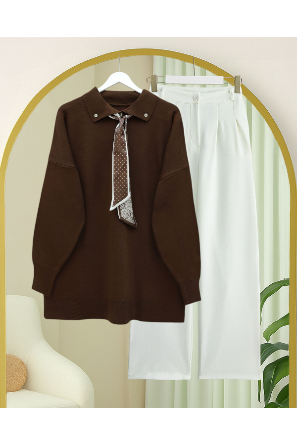 Polo Yaka Fularlı Yırtmaçlı Salaş Triko Tunik  -Kahve