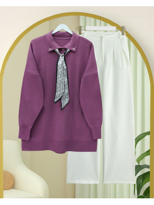 Polo Yaka Fularlı Yırtmaçlı Salaş Triko Tunik  -Vişne