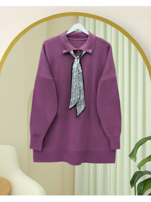 Polo Yaka Fularlı Yırtmaçlı Salaş Triko Tunik  -Vişne