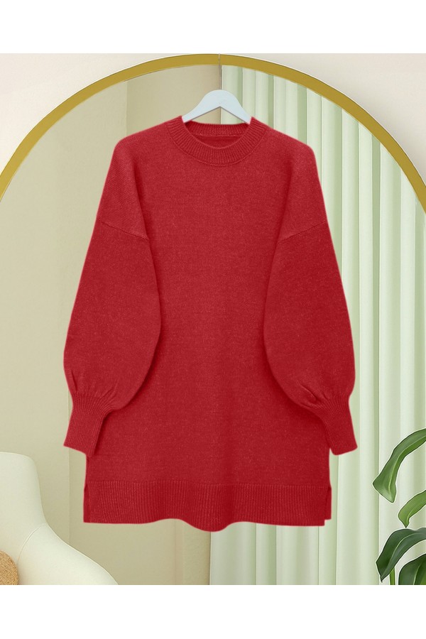 Round Neck Balloon Sleeve Casual Knitted Sweater  -Garnet Color