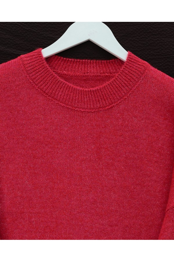 Round Neck Balloon Sleeve Casual Knitted Sweater  -Garnet Color