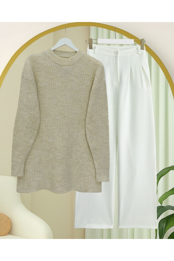 Long Ribbed Knit Sweater - Beige