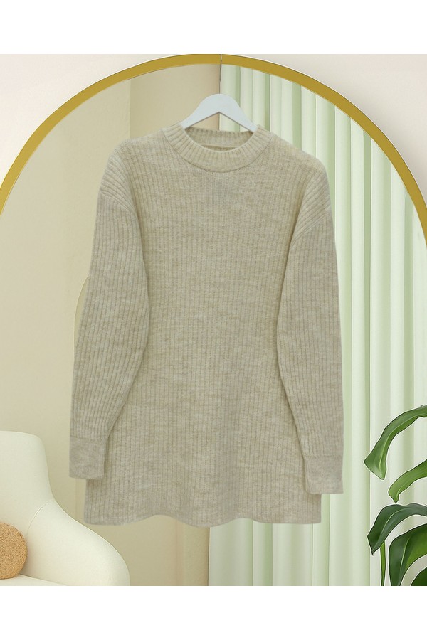 Long Ribbed Knit Sweater - Beige