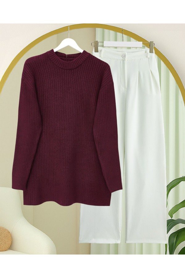 Long Ribbed Knit Sweater -Maroon