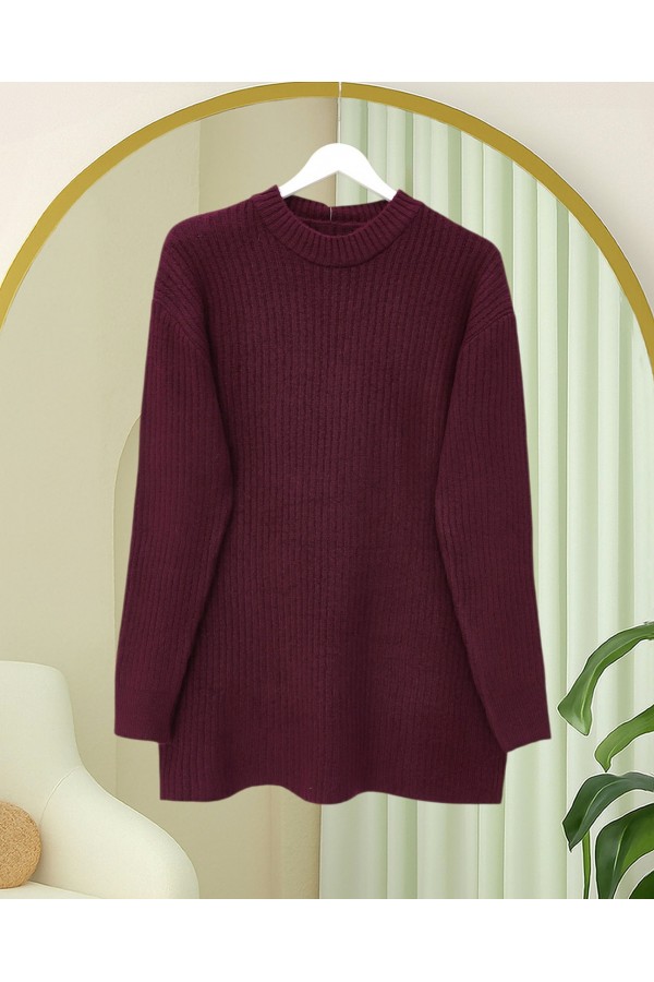 Long Ribbed Knit Sweater -Maroon