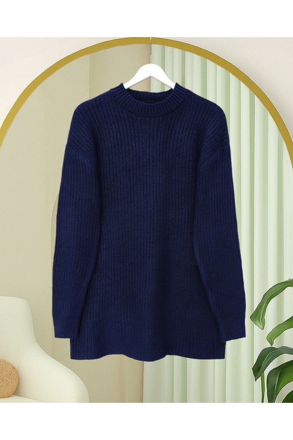 Long Ribbed Knit Sweater -Navy blue