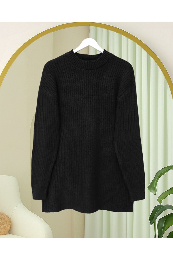 Long Ribbed Knit Sweater -Black