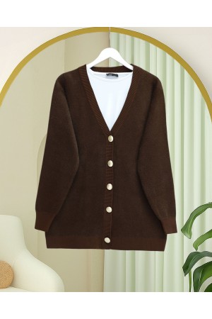 Önü Düğmeli Sakallı Salaş Triko Hırka -Kahve
