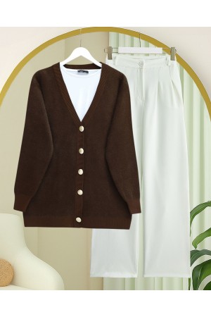 Önü Düğmeli Sakallı Salaş Triko Hırka -Kahve