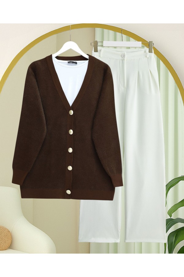 Buttoned Front Bearded Casual Knit Cardigan -Brown