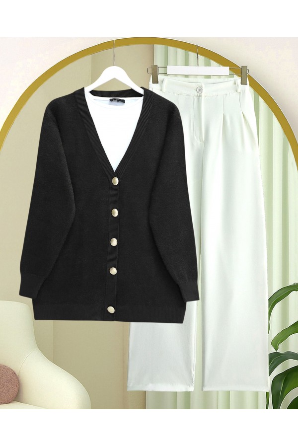 Buttoned Front Bearded Casual Knit Cardigan -Black