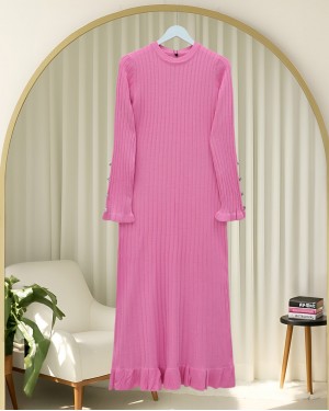 Buttoned Sleeves, Ruffled Skirt Knit Dress -Pink