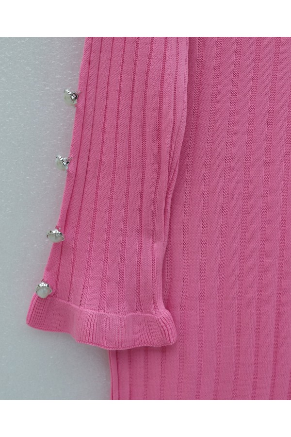 Kolları Düğmeli Eteği Fırfırlı Triko Elbise -Pembe