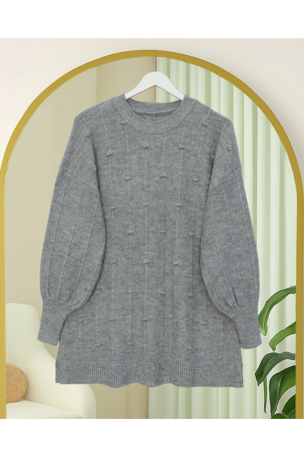 Soft Knit Sweater with Side Slits and Pompoms  -Grey