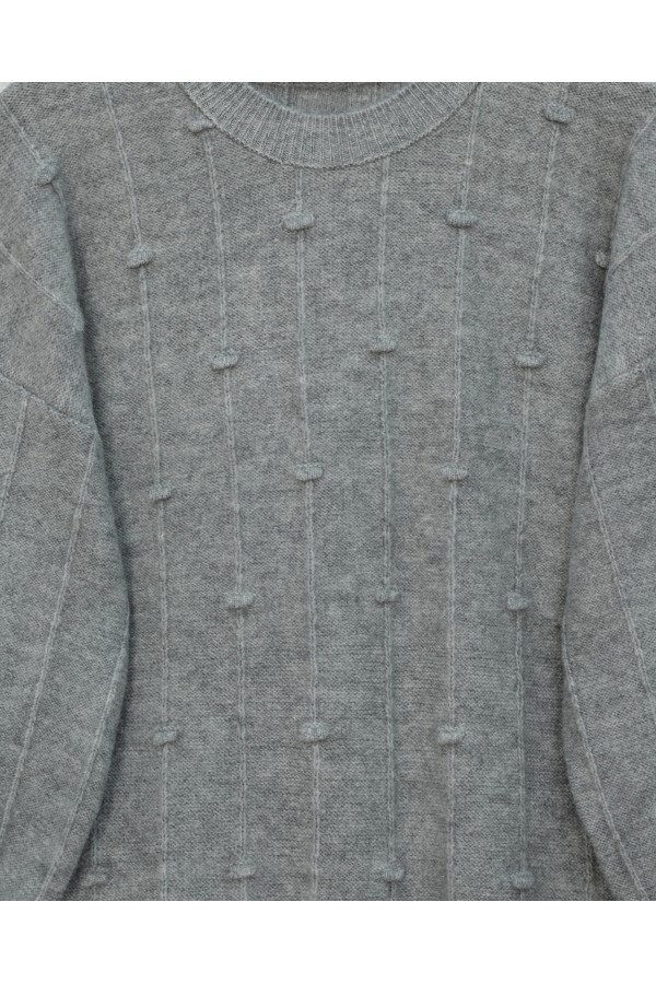Soft Knit Sweater with Side Slits and Pompoms  -Grey